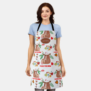 Cute Sloth Brown Pattern I Love You Mom Hearts Apron