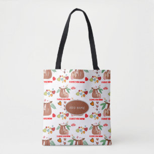 Cute Sloth Brown Pattern I Love You Mom Hearts Tote Bag