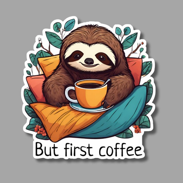 Cute Sloth But First Coffee Waterproof  Sticker (Creator Uploaded)