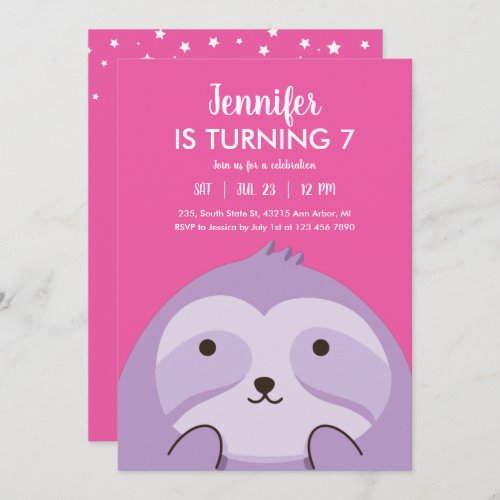 Cute Sloth Cartoon Purple Pink Kids Birthday Invitation