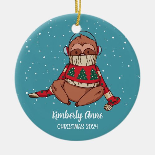 Cute Sloth Christmas Animal Snow Winter Holiday Ceramic Ornament