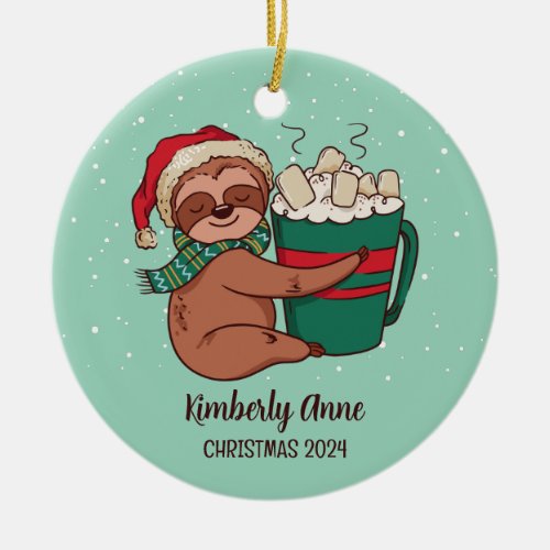 Cute Sloth Christmas Animal Snowy Winter Holiday Ceramic Ornament