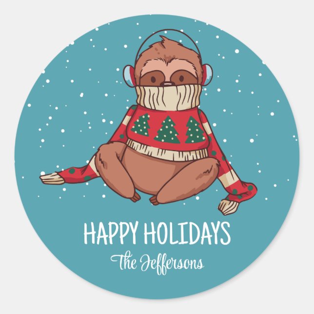 Cute Sloth Christmas Animal Snowy Winter Holiday Classic Round Sticker (Front)
