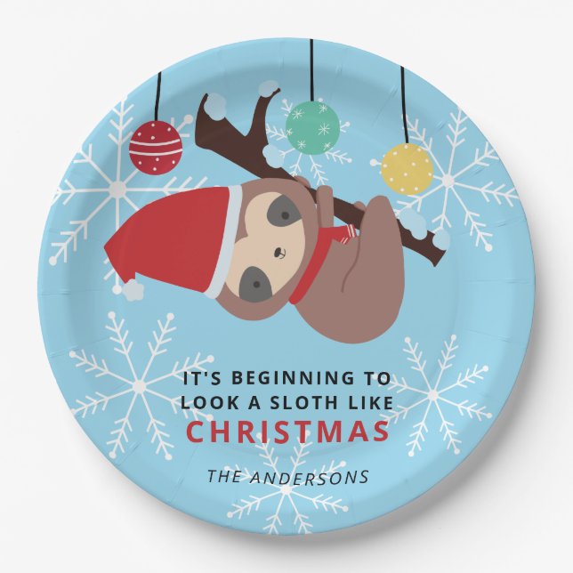 Cute Sloth Christmas Punny Kawaii Holiday Winter  Paper Plates (Front)