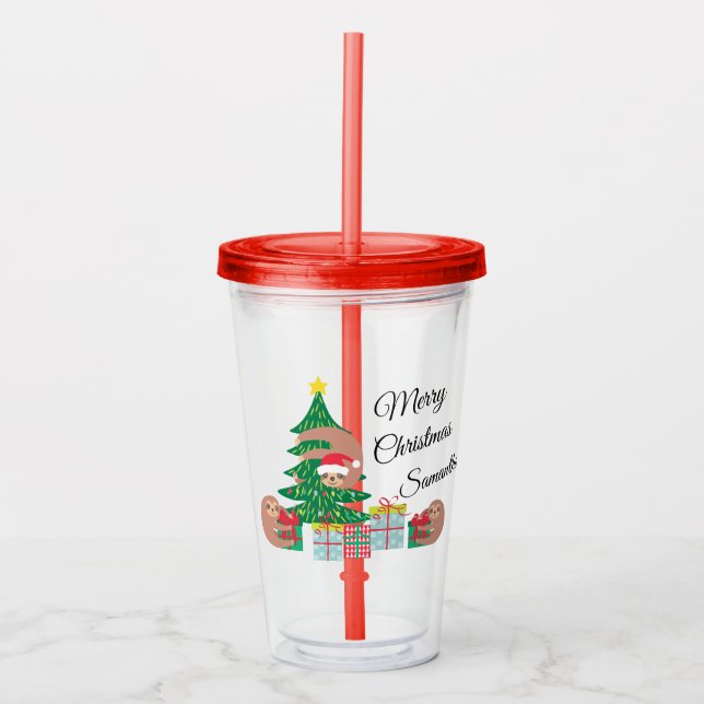 Cute Sloth Christmas Tree Personalized Acrylic Tumbler (Front)