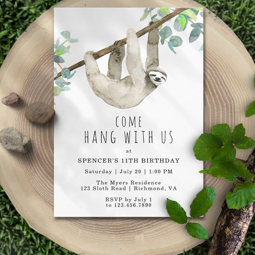 Cute Sloth  Come Hang  Funny Kids Birthday Party Invitation