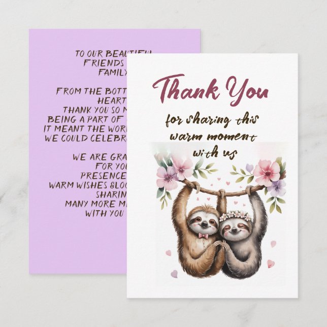 Cute Sloth Couple Wedding Thank You Card (Front/Back)