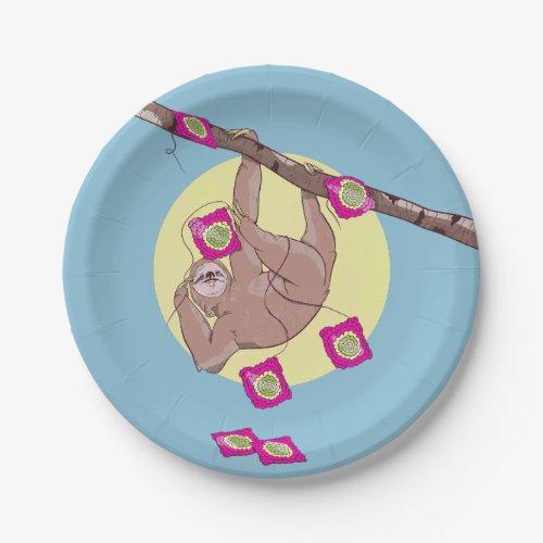 Cute sloth doing crochet paper plates