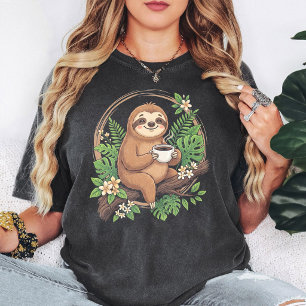 Cute Sloth Drinking Coffee Tropical Jungle T-Shirt