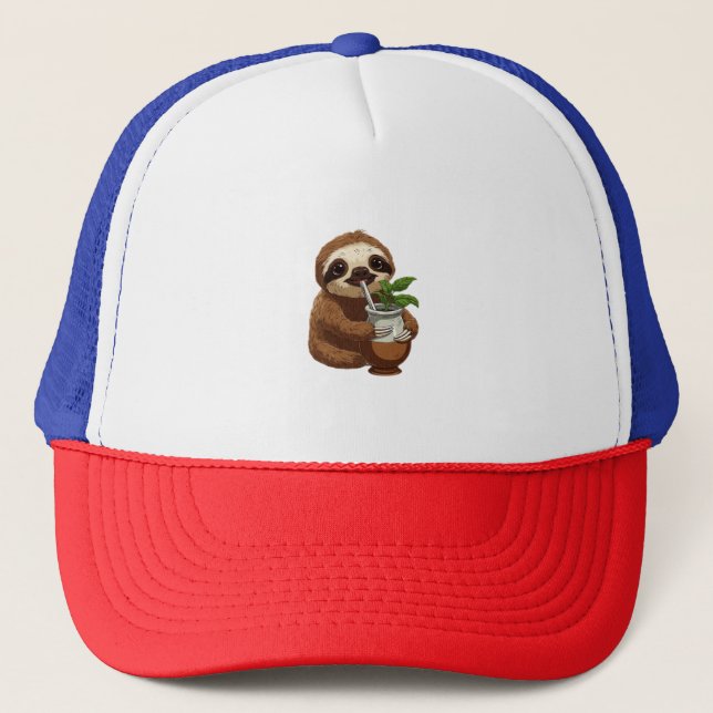 Cute Sloth Drinking Yerba Mate � Adorable Kawaii A Trucker Hat (Front)
