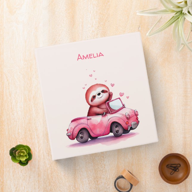 Cute Sloth Driving a Pink Convertible 3 Ring Binder (In Situ)