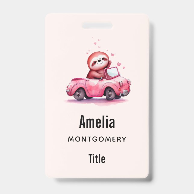 Cute Sloth Driving a Pink Convertible Badge (Front)