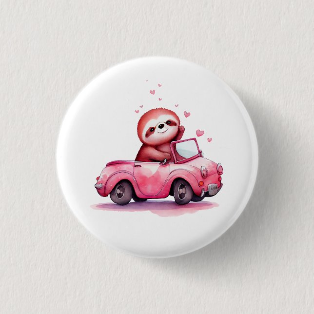 Cute Sloth Driving a Pink Convertible Button (Front)