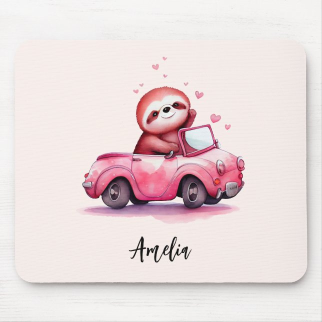 Cute Sloth Driving a Pink Convertible Mouse Pad (Front)