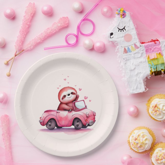 Cute Sloth Driving a Pink Convertible Paper Plates (Party)