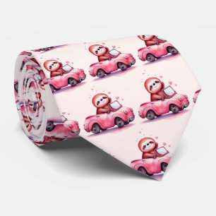 Cute Sloth Driving a Pink Convertible Pattern Neck Tie