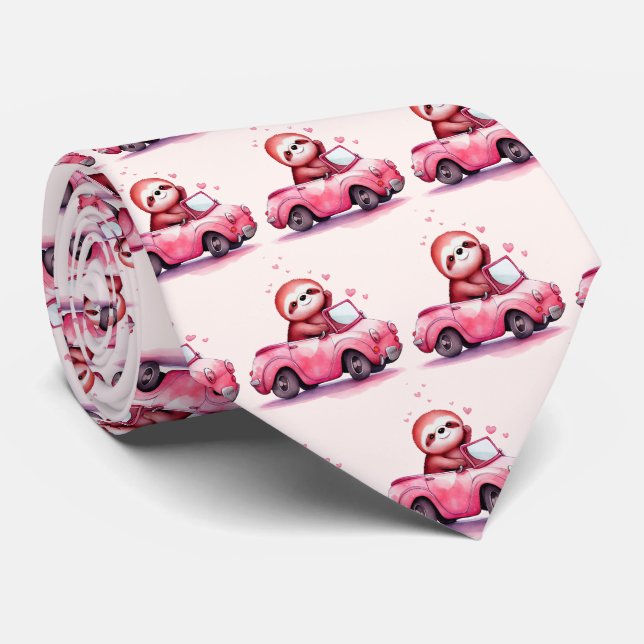 Cute Sloth Driving a Pink Convertible Pattern Neck Tie (Rolled)
