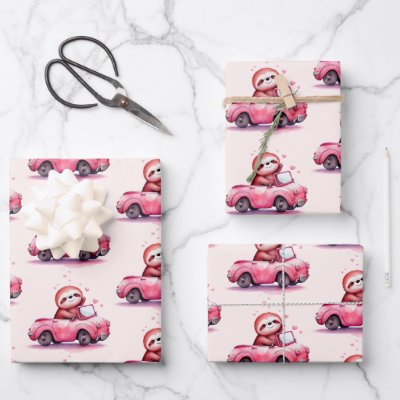Cute Sloth Driving a Pink Convertible Pattern Wrapping Paper Sheets
