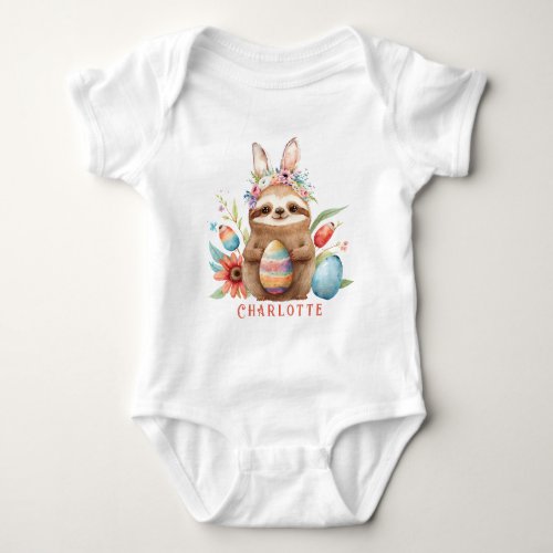 Cute Sloth Easter Bunny Rabbit Eggs Name Baby Bodysuit