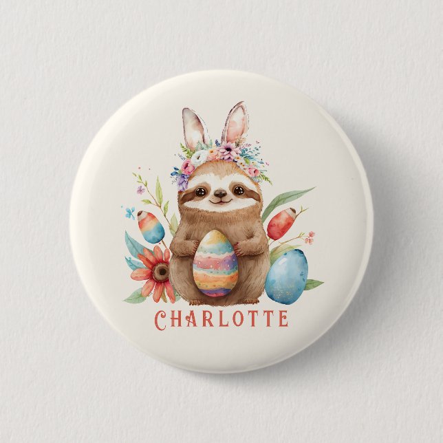 Cute Sloth Easter Bunny Rabbit Eggs Name Button (Front)
