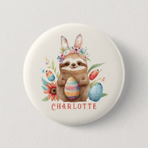 Cute Sloth Easter Bunny Rabbit Eggs Name Button