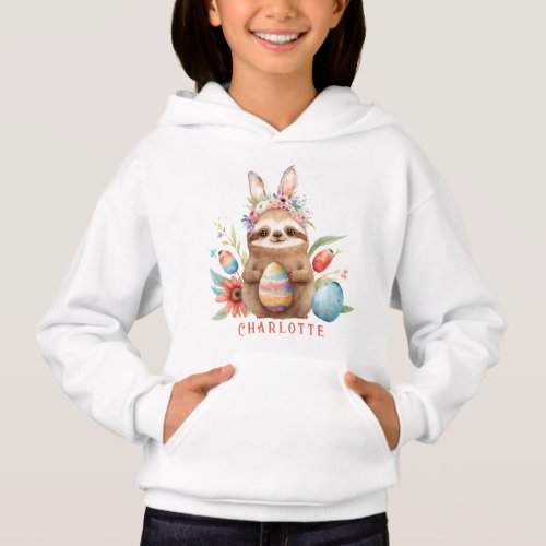 Cute Sloth Easter Bunny Rabbit Eggs Name Hoodie