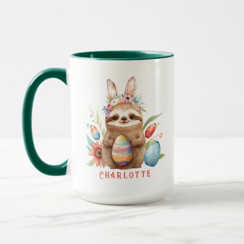 Cute Sloth Easter Bunny Rabbit Eggs Name Mug