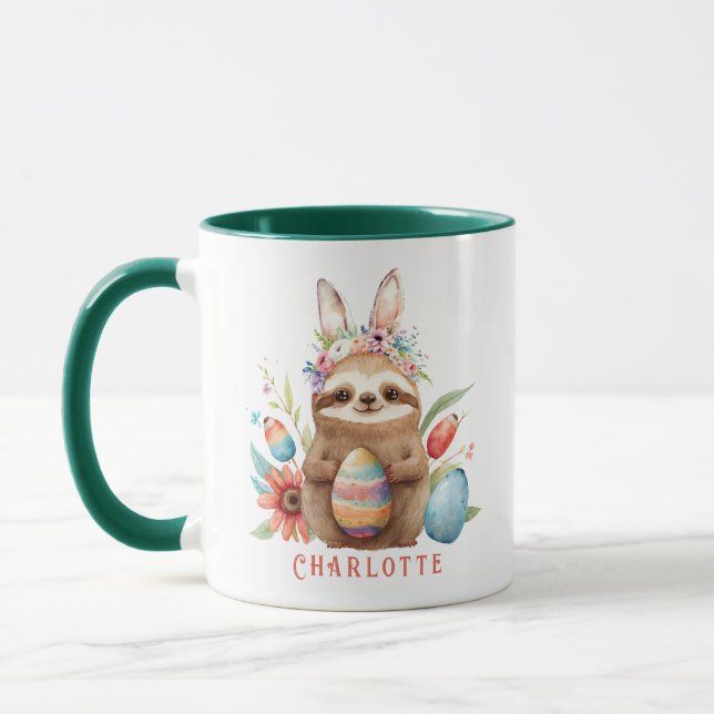 Cute Sloth Easter Bunny Rabbit Eggs Name Mug (Left)