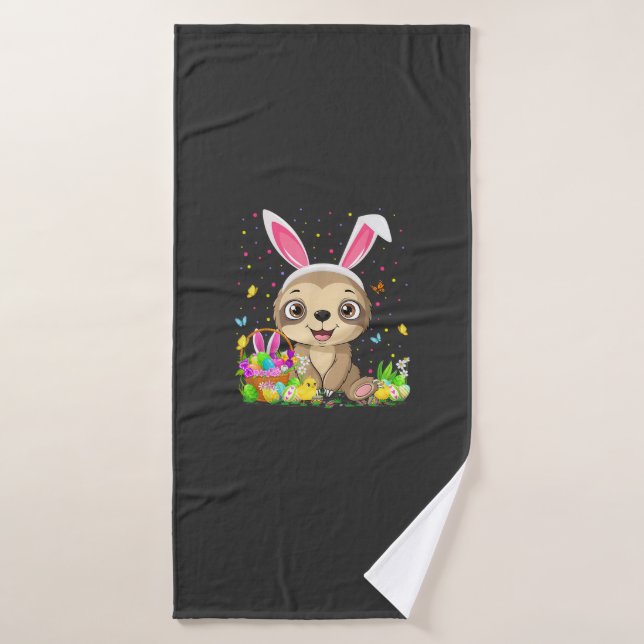 Cute Sloth Easter Egg Hunt Bunny Ear Sloth Happy E Bath Towel (Bath Towel)