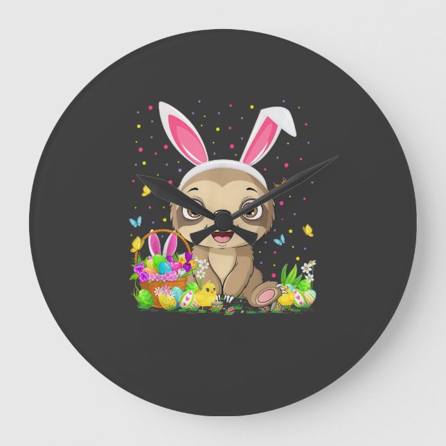 Cute Sloth Easter Egg Hunt Bunny Ear Sloth Happy E Large Clock (Front)