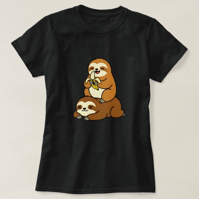 Cute Sloth Eating Banana on Lazy Sloth Funny Carto T-Shirt (Design Front)