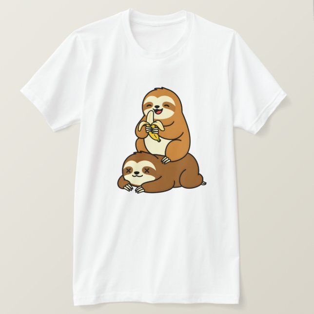 Cute Sloth Eating Banana on Lazy Sloth Funny Carto T-Shirt (Design Front)