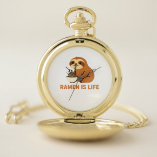 Cute Sloth Eating Ramen � Funny Noodle Lover Desig Pocket Watch