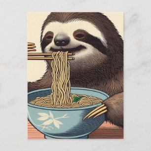 Cute Sloth Eating Ramen Woodblock Print Postcard