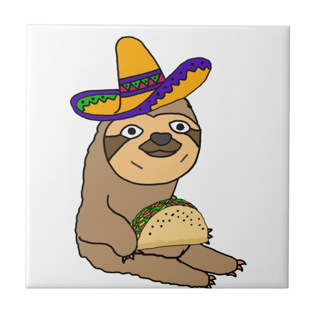 Cute Sloth Eating Taco Original Art Ceramic Tile (Front)