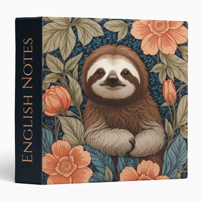 Cute Sloth Elegant Floral William Morris Inspired 3 Ring Binder (Front/Spine)