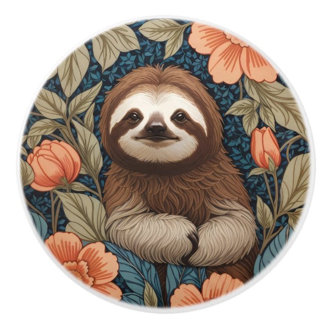 Cute Sloth Elegant Floral William Morris Inspired Ceramic Knob (Front)