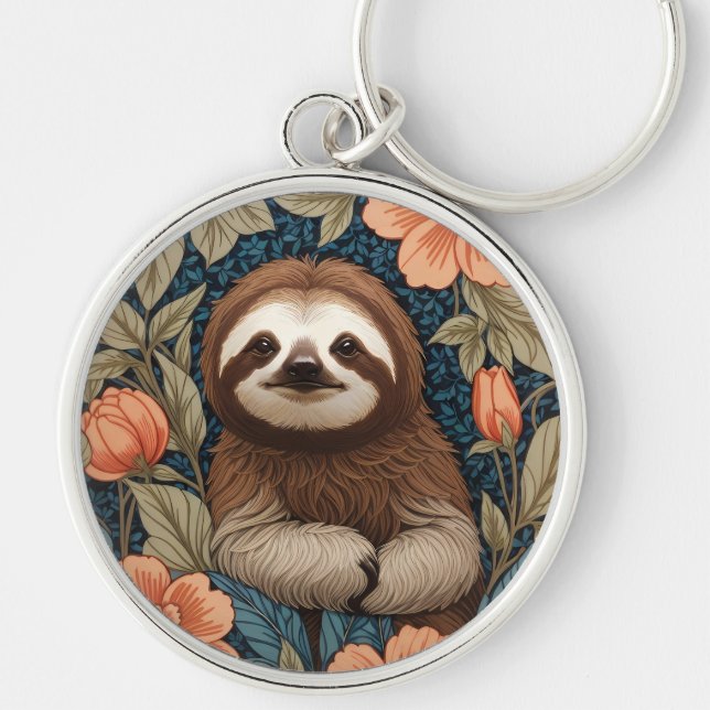 Cute Sloth Elegant Floral William Morris Inspired Keychain (Front)