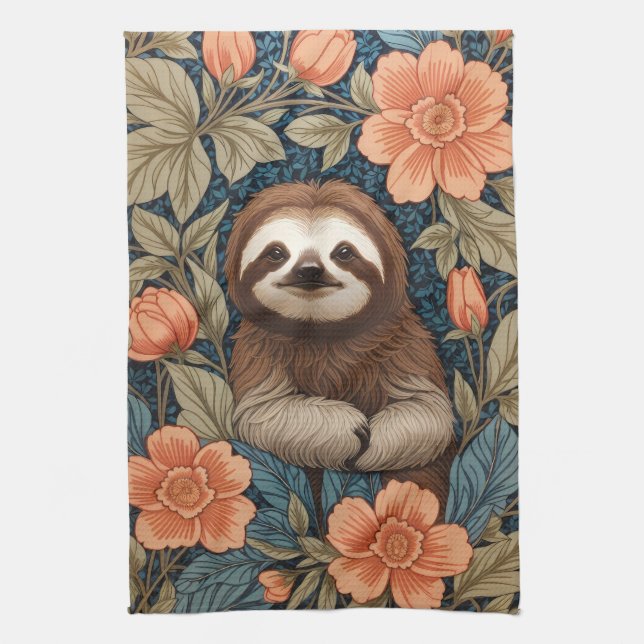 Cute Sloth Elegant Floral William Morris Inspired Kitchen Towel (Vertical)