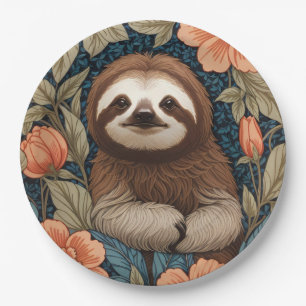 Cute Sloth Elegant Floral William Morris Inspired Paper Plates