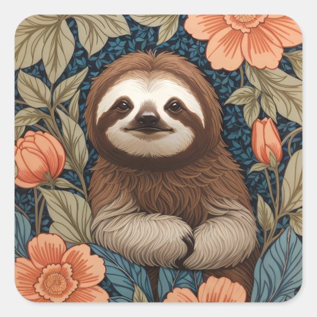Cute Sloth Elegant Floral William Morris Inspired Square Sticker (Front)