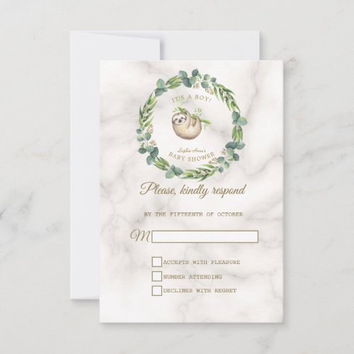 Cute Sloth Eucalyptus Wreath Baby Shower RSVP Card