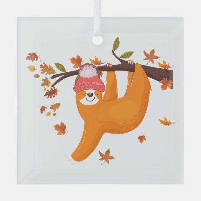 cute sloth fall autumn leaves happy thanksgiving w glass ornament (Front)