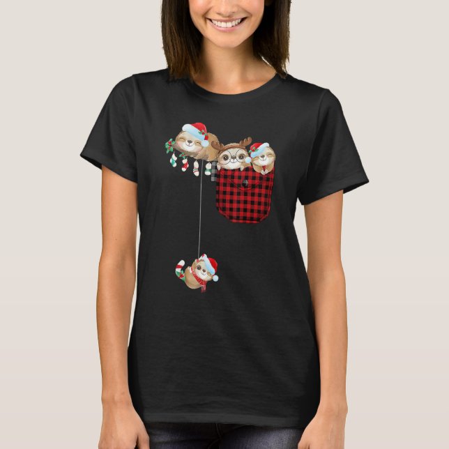 Cute Sloth Family Christmas Pajamas In Plaid Pocke T-Shirt (Front)
