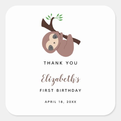 Cute Sloth First Birthday Adorable Animal Kawaii Square Sticker