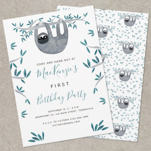 Cute Sloth First Birthday Party Invitation
