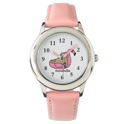 Cute Sloth Flamingo Summer with Name Girls Watch