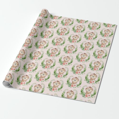 Cute Sloth Floral Birthday Wrapping Paper