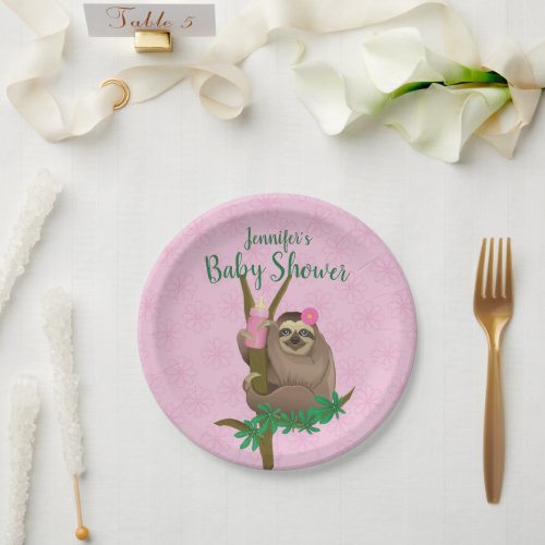 Cute Sloth Floral Blush Pink Girly Baby Shower Paper Plates