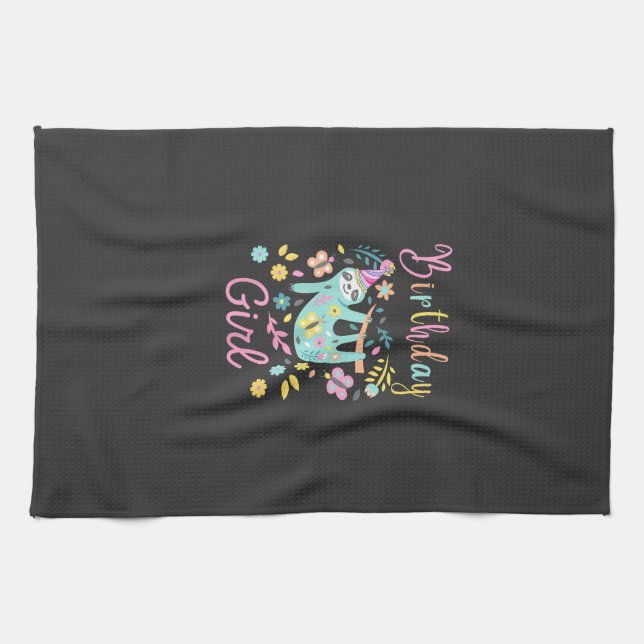 Cute Sloth Floral Girls Birthday Party T-Shirt Kitchen Towel (Horizontal)